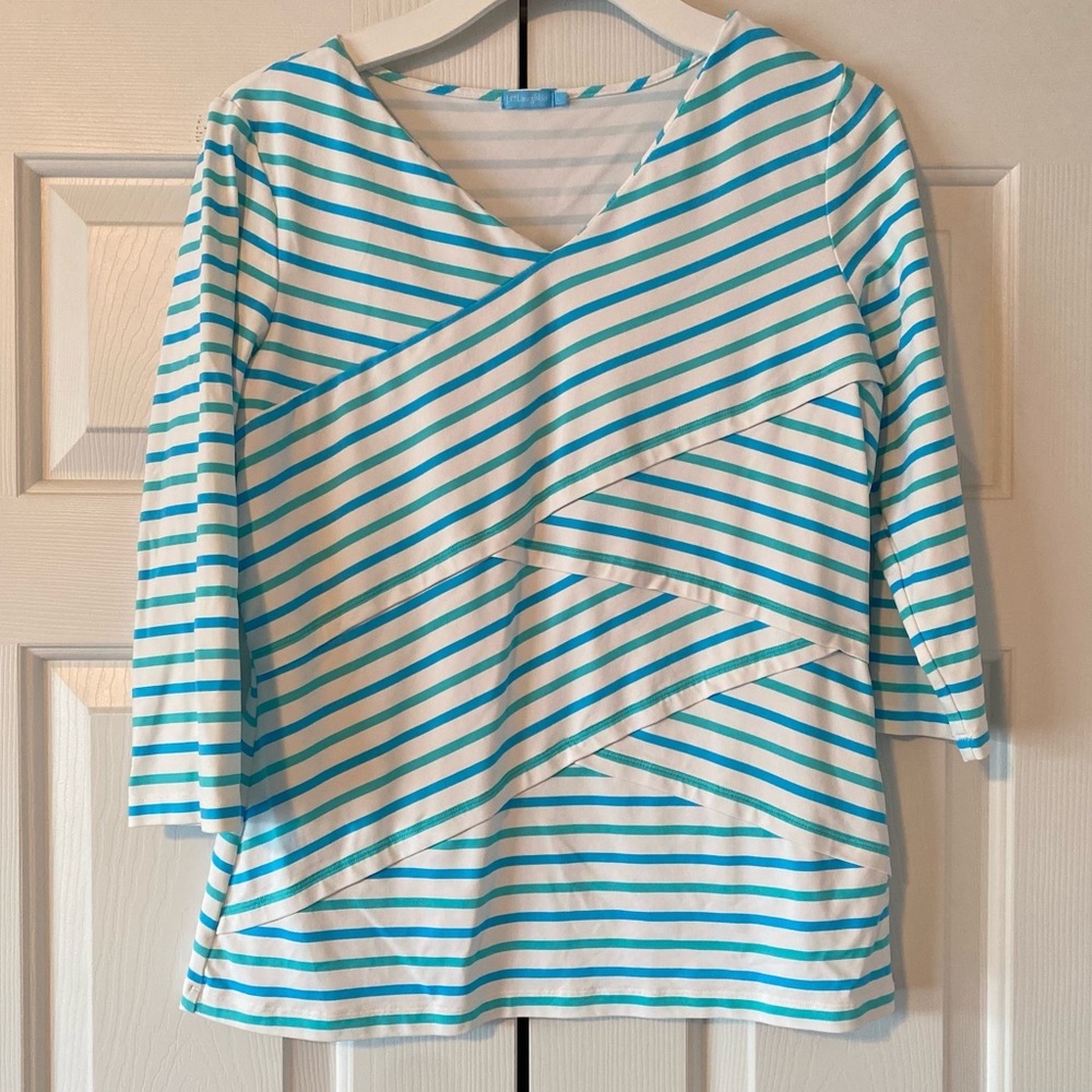 J. McLaughlin White and Aqua Layered Striped Top, L